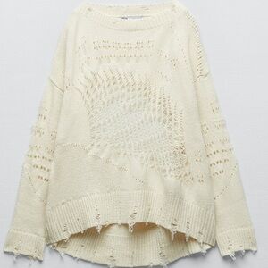 ZARA Torn Effect Distressed Knit Sweater M White